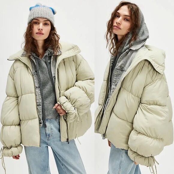Free People Cotton Candy Puffer Coat S Green Boho Oversized Relaxed Zip Quilted - Picture 1 of 8